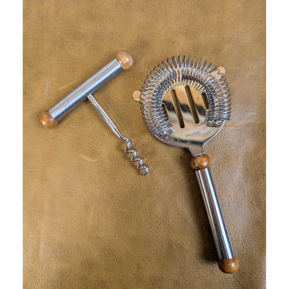 Vintage Stainless Steel Barware Set Japan Hawthorne Strainer T-Handle Corkscrew
